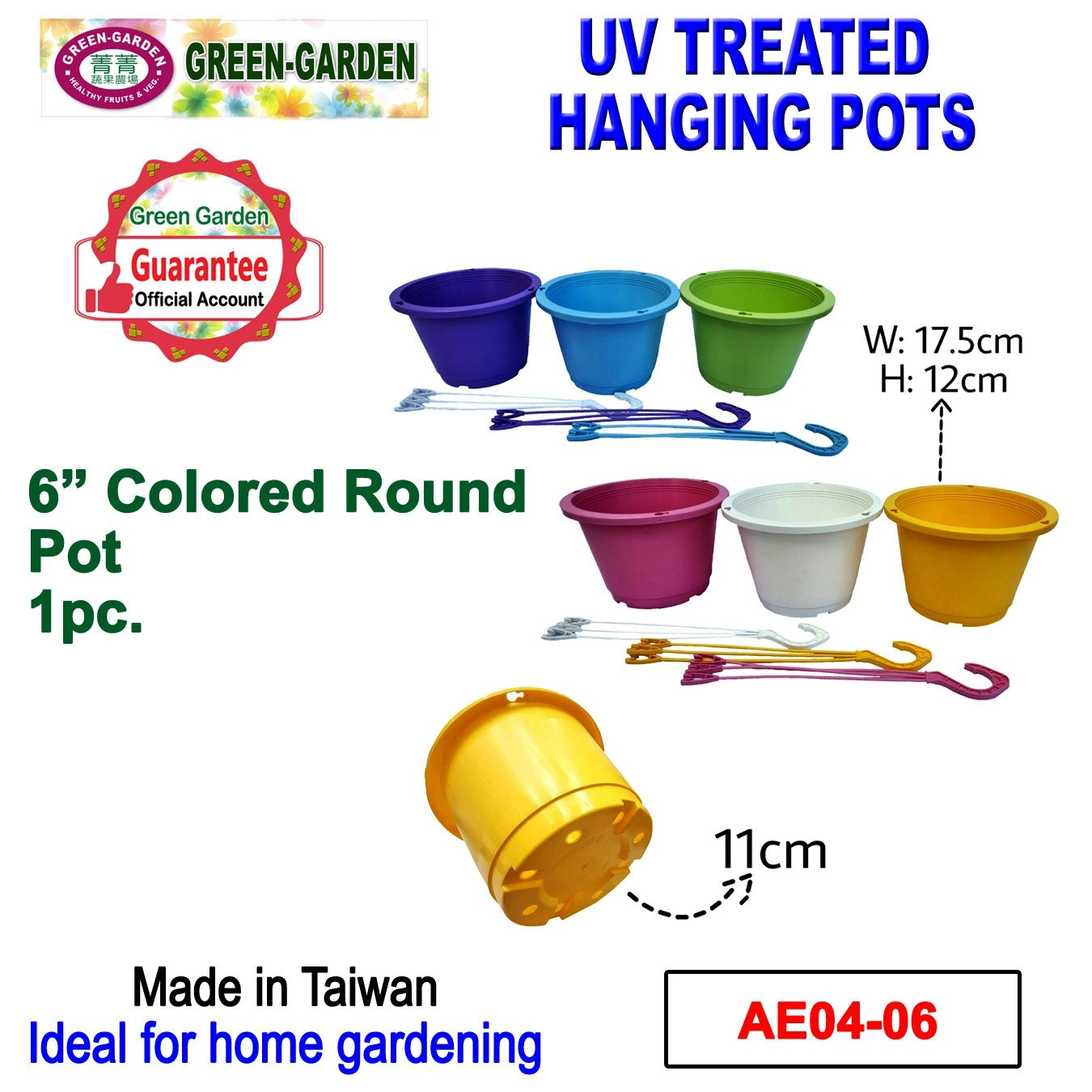 UV TREATED Colored Hanging Pot 6"