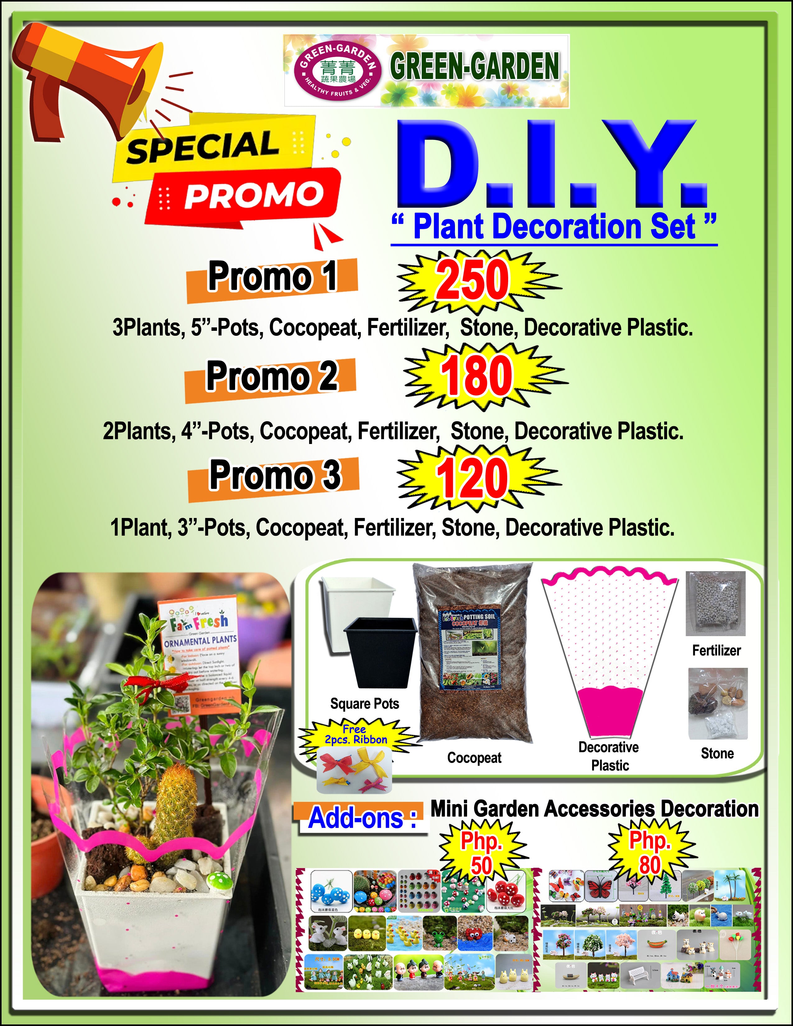 D.I.Y. Plant Decoration Set With Round Pot , Cocopeat , Fertilizer and Decorative Plastic